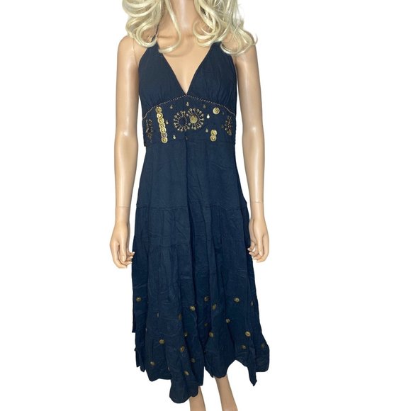 Vasna Women's Halter Cotton Midi Dress Black Boho Gold Coins Embellishments - Picture 3 of 15